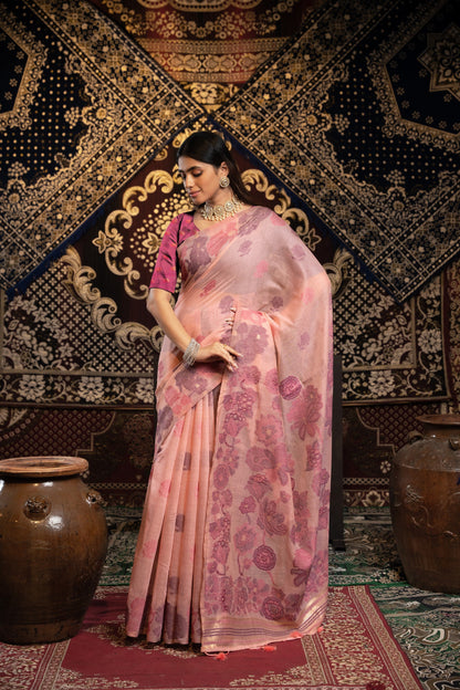Dhiyona GR Women's Devanshi Pink Soft Cotton Jamdani Saree