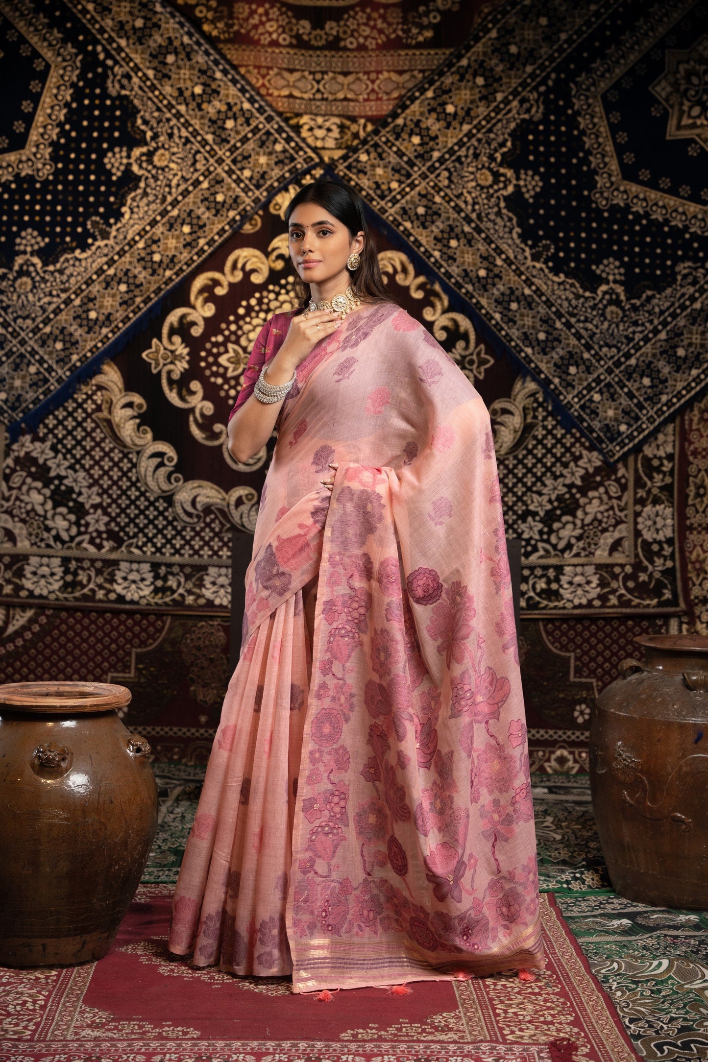 Dhiyona GR Women's Devanshi Pink Soft Cotton Jamdani Saree