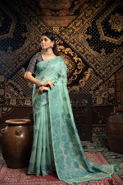 Dhiyona GR Women's Devanshi Blue Soft Cotton Jamdani Saree