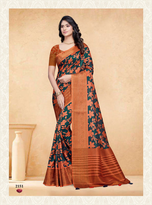 Dhiyona GR Women's Devsena Teal Tussar Silk Digital Print Saree
