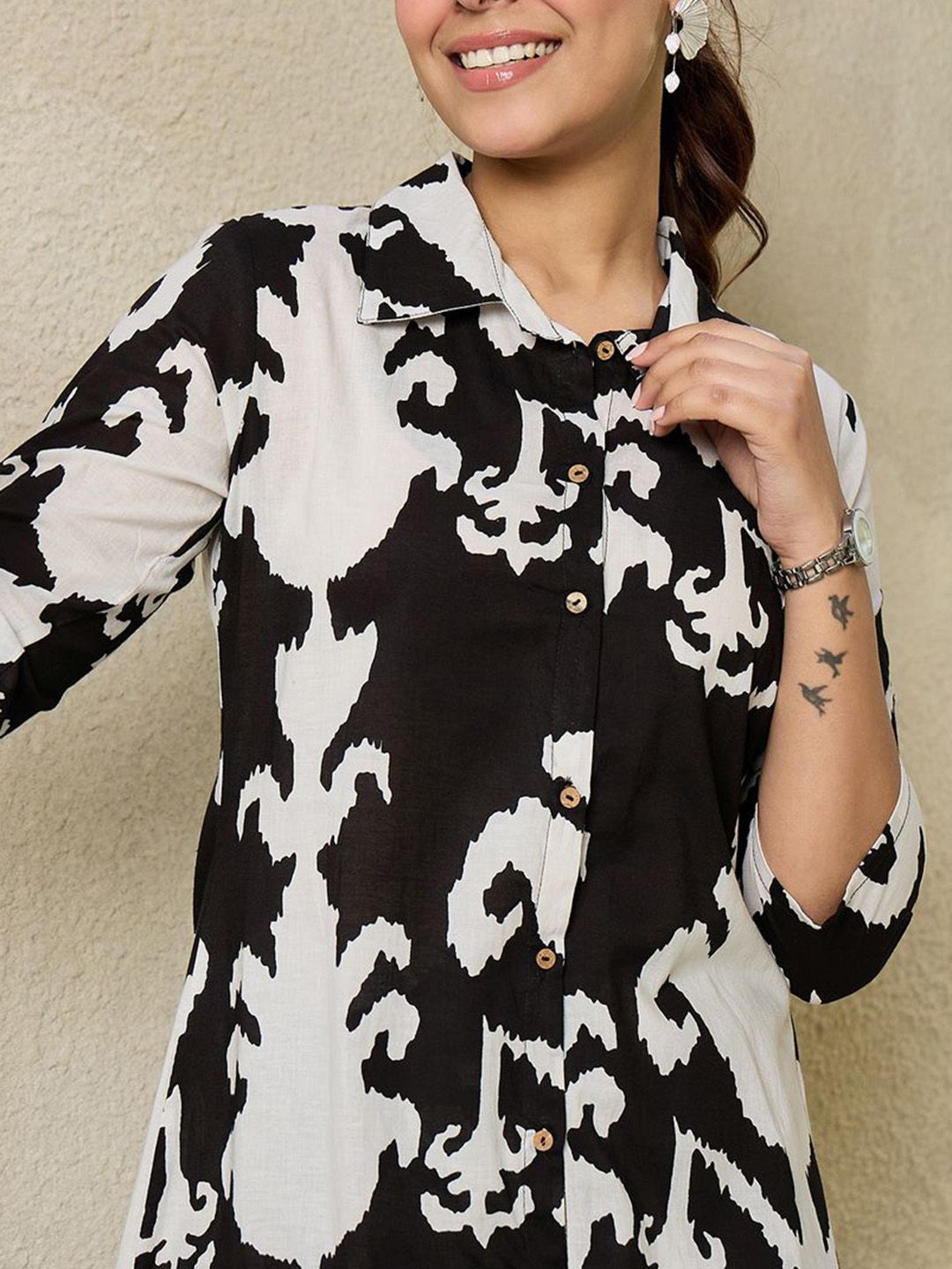 Dhiyona IE Abstract Printed Shirt Collar Pure Cotton A-Line Kurta With Trousers