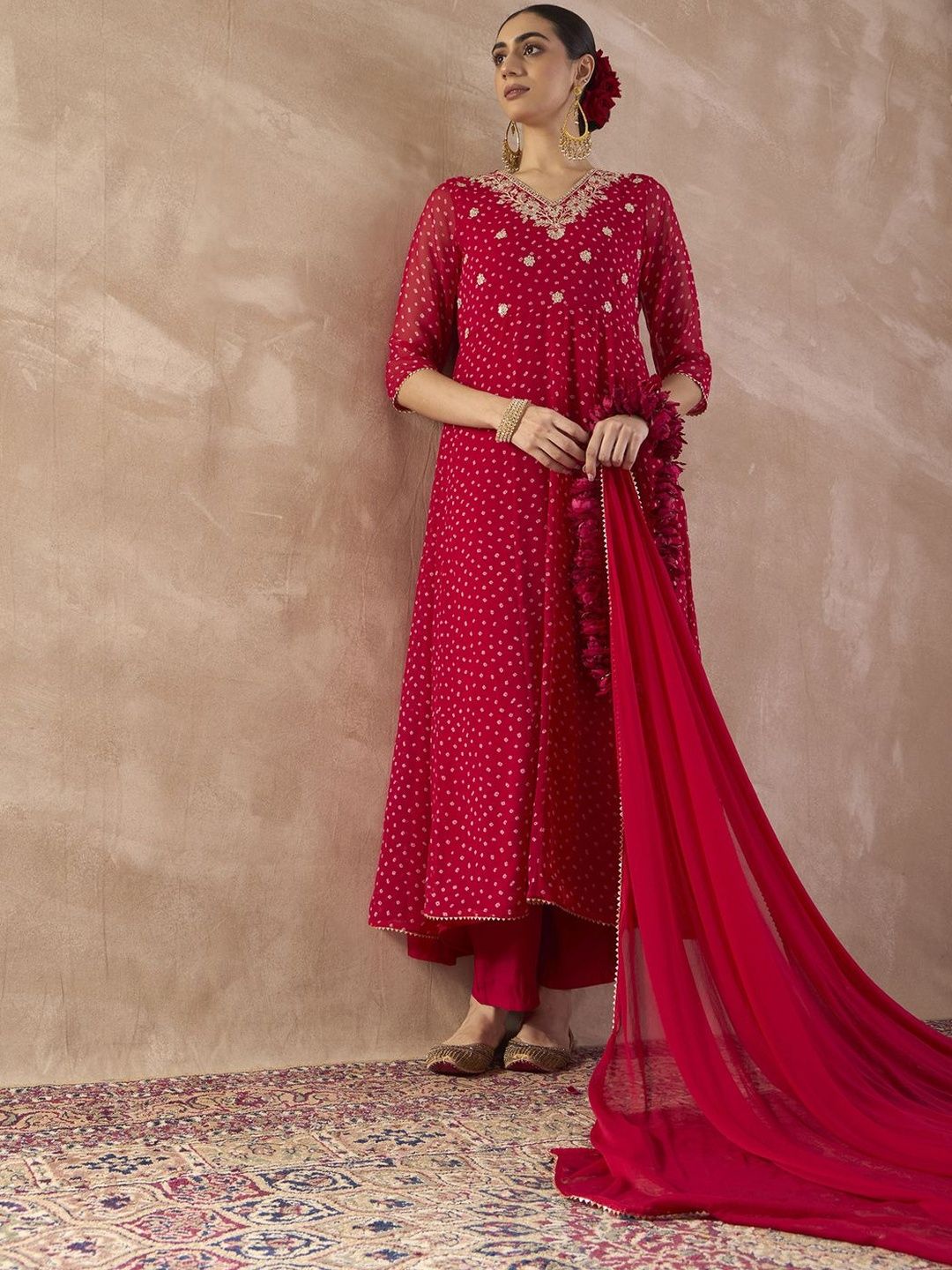 Ethnic Motifs Printed Sequinned Georgette Anarkali Kurta With Trousers & Dupatta