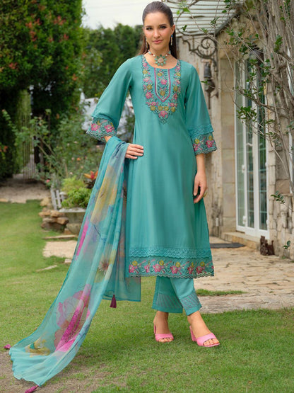 Women Floral Embroidered Regular Thread Work Kurta with Trousers & Dupatta