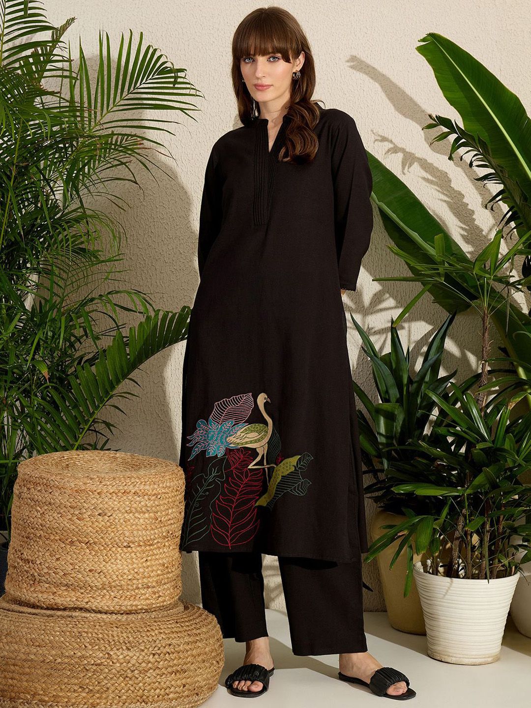 Adults-Women Woven Design Embroidered A-Line Kurta with Palazzos