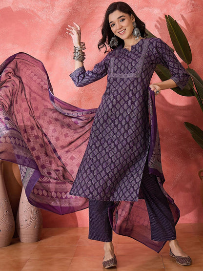 Dhiyona SN Women's Floral Printed Pure Cotton Straight Kurta With Trousers & Dupatta