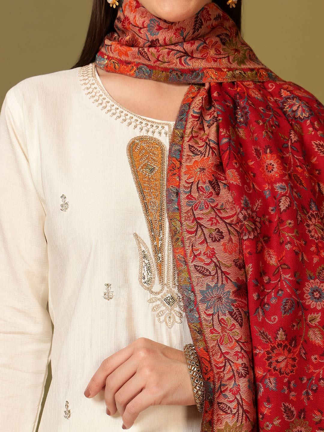 Dhiyona PA Meher Floral Woven Design Kani Woolen Shawl