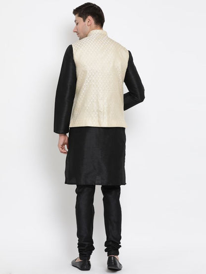 Men's Black Silk Blend Straight Jacket  Kurta and Pyjama Set