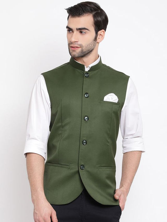 Men's Green Cotton Silk Straight Nehru Jacket
