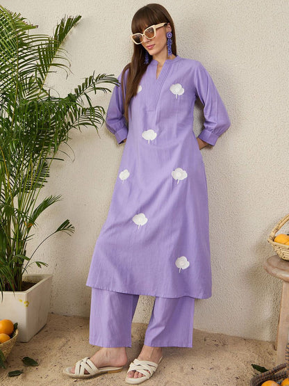 Dhiyona IE Floral Embroidered Mandarin Collar A-Line Tunic With Palazzos Co-Ords