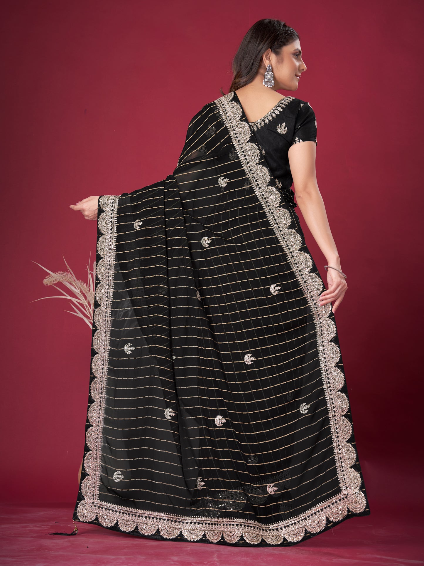 Women's Chiffon Black Embroidered Designer Saree With Blouse Piece
