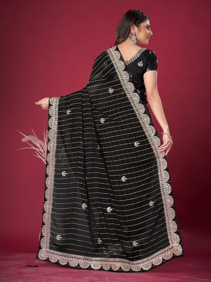 Women's Chiffon Black Embroidered Designer Saree With Blouse Piece
