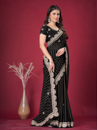 Women's Chiffon Black Embroidered Designer Saree With Blouse Piece