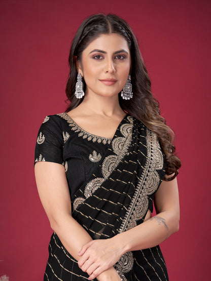 Women's Chiffon Black Embroidered Designer Saree With Blouse Piece