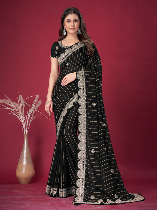 Women's Chiffon Black Embroidered Designer Saree With Blouse Piece