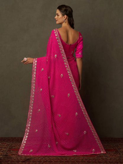 Women's Georgette Pink Embellished Designer Saree With Blouse Piece