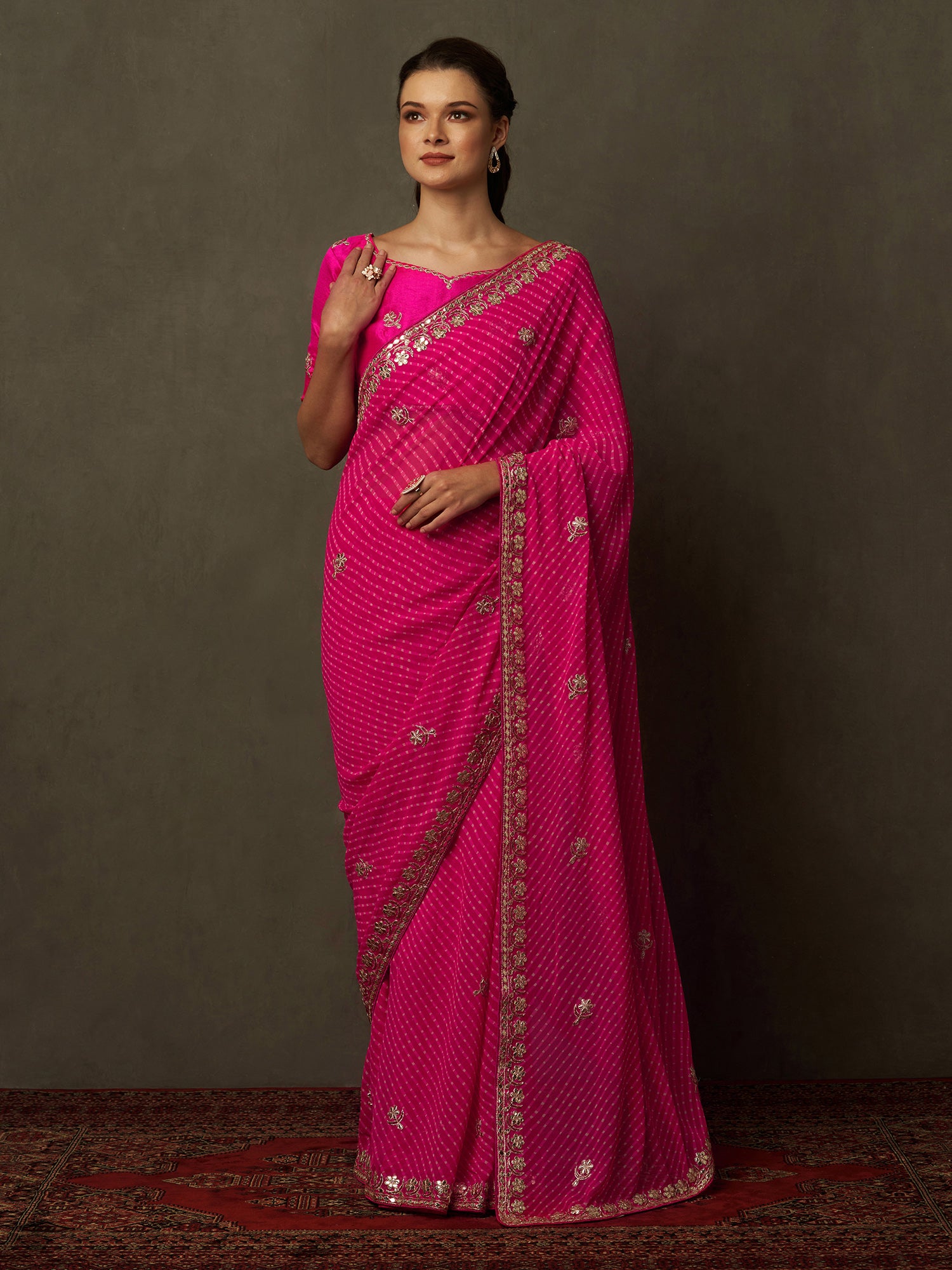 Women's Georgette Pink Embellished Designer Saree With Blouse Piece