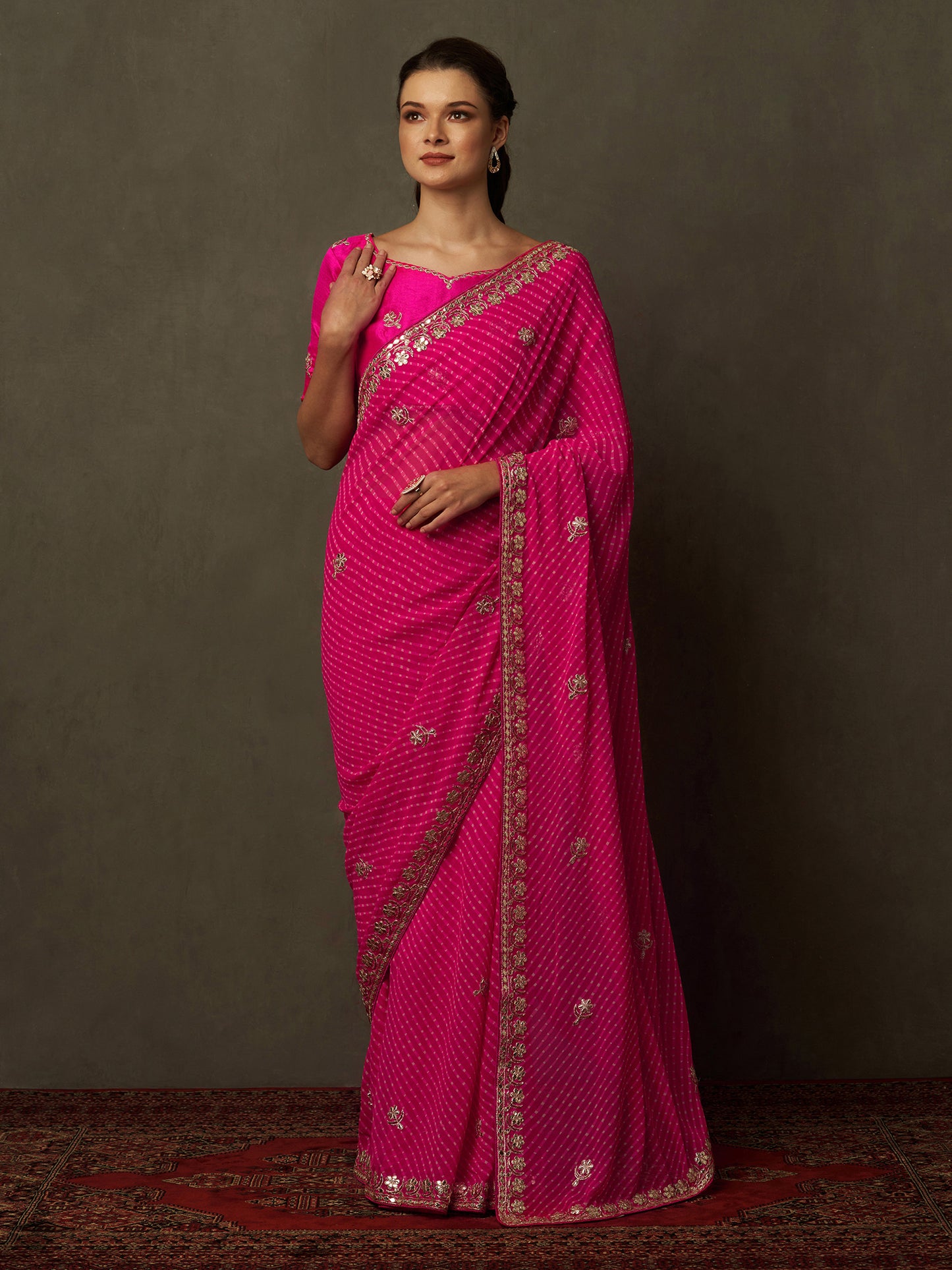 Women's Georgette Pink Embellished Designer Saree With Blouse Piece