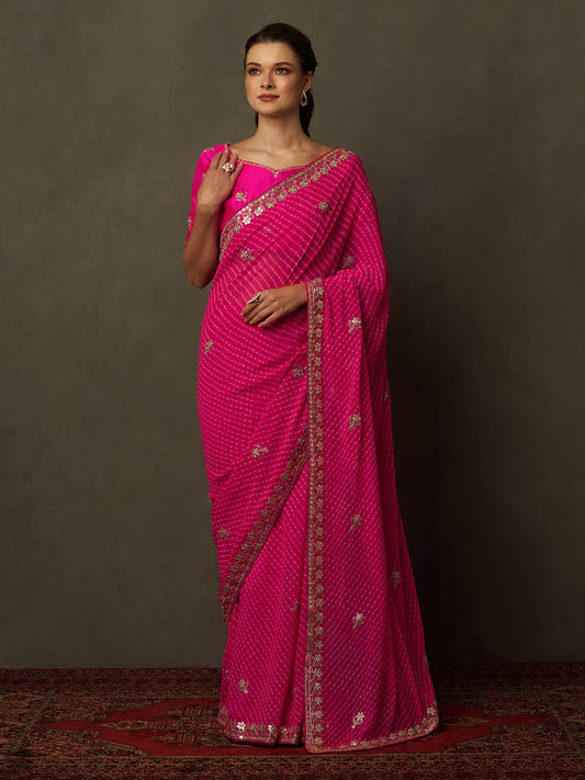 Women's Georgette Pink Embellished Designer Saree With Blouse Piece