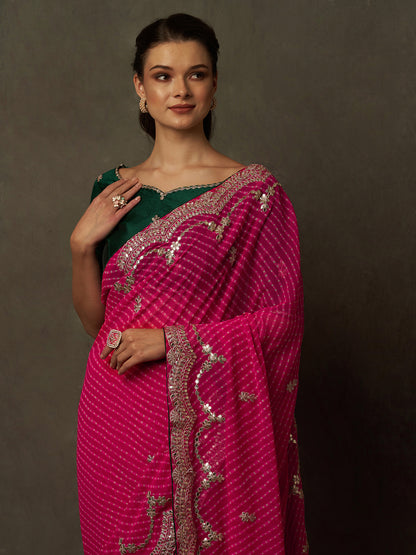 Women's Georgette Pink Embellished Designer Saree With Blouse Piece