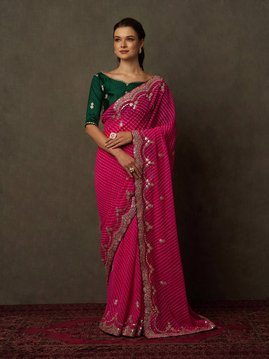 Women's Georgette Pink Embellished Designer Saree With Blouse Piece