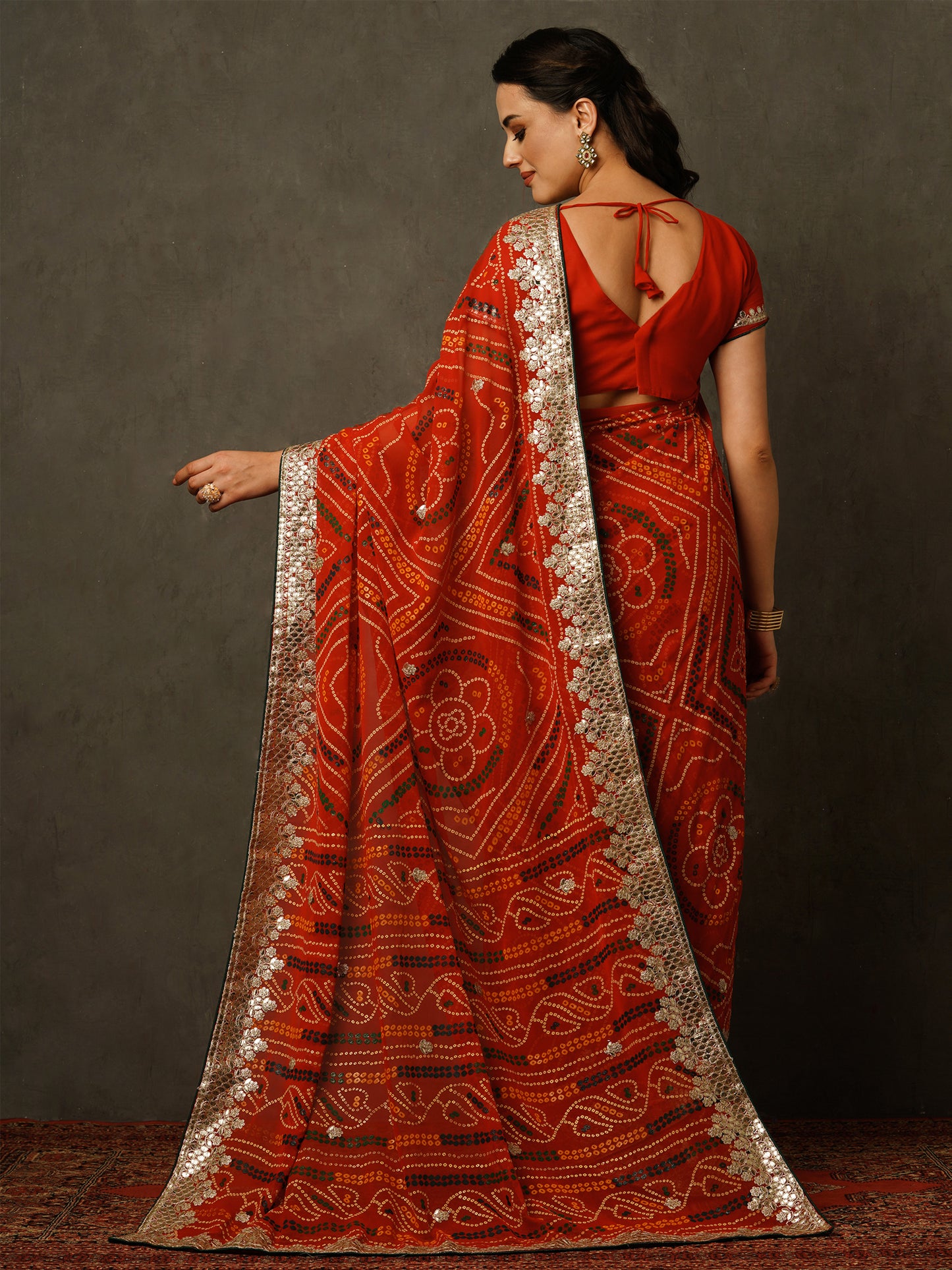 Women's Georgette Red Embellished Celebrity Saree With Blouse Piece