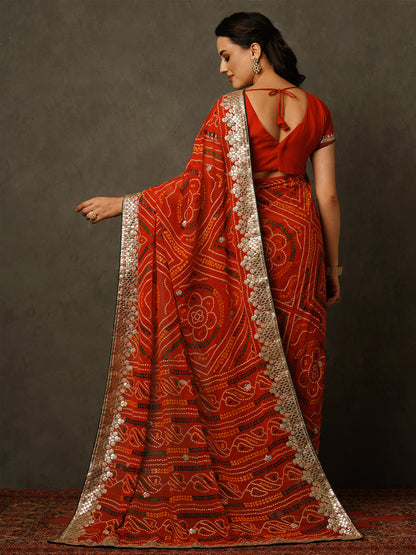 Women's Georgette Red Embellished Celebrity Saree With Blouse Piece