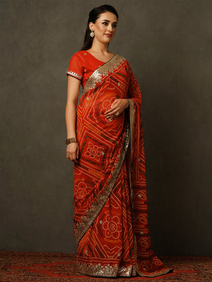 Women's Georgette Red Embellished Celebrity Saree With Blouse Piece