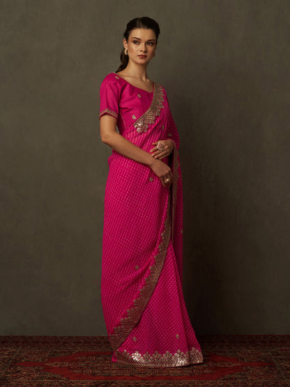 Women's Georgette Pink Embellished Designer Saree With Blouse Piece