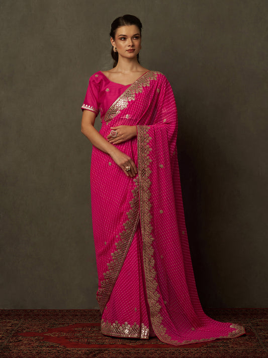 Women's Georgette Pink Embellished Designer Saree With Blouse Piece