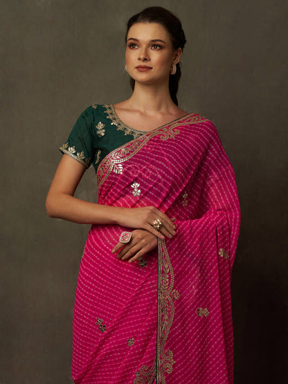 Women's Georgette Pink Embellished Designer Saree With Blouse Piece