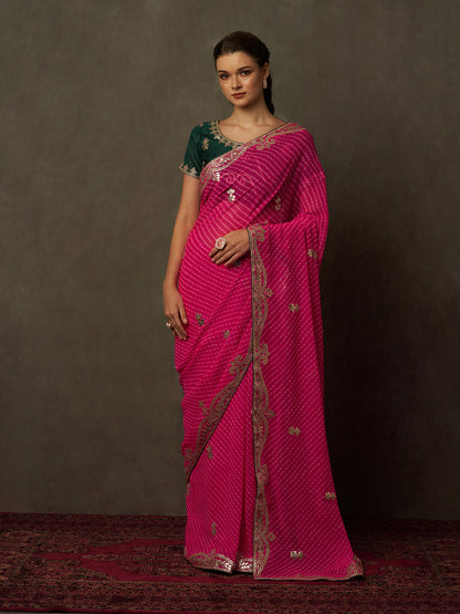 Women's Georgette Pink Embellished Designer Saree With Blouse Piece