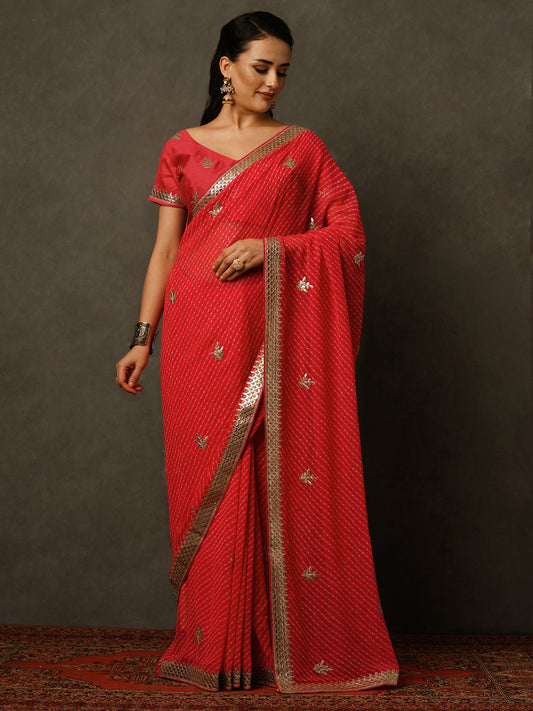 Women's Georgette Pink Embellished Celebrity Saree With Blouse Piece