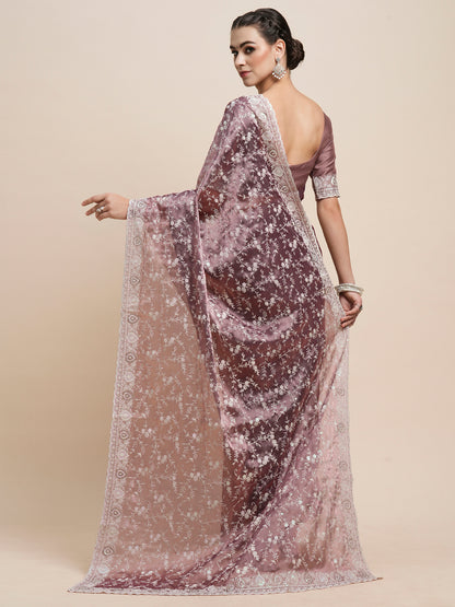 Women's Organza Mauve Embroidered Designer Saree With Blouse Piece