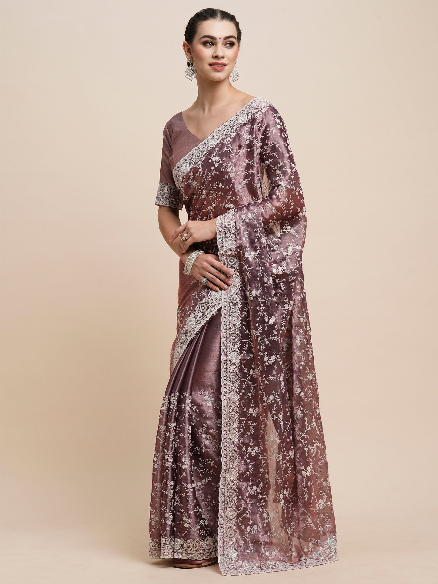 Women's Organza Mauve Embroidered Designer Saree With Blouse Piece