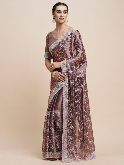 Women's Organza Mauve Embroidered Designer Saree With Blouse Piece