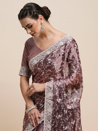 Women's Organza Mauve Embroidered Designer Saree With Blouse Piece