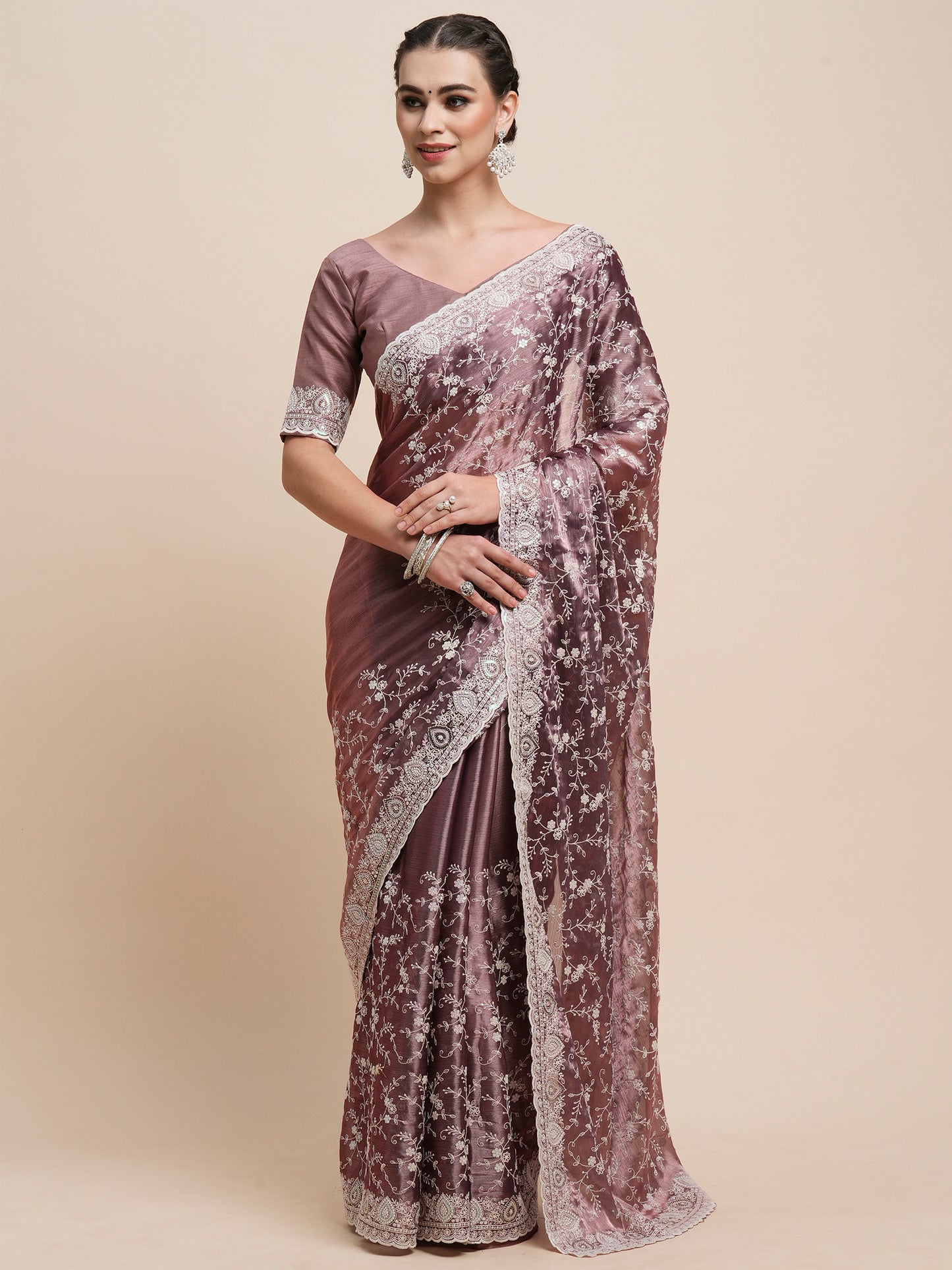 Women's Organza Mauve Embroidered Designer Saree With Blouse Piece