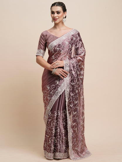 Women's Organza Mauve Embroidered Designer Saree With Blouse Piece