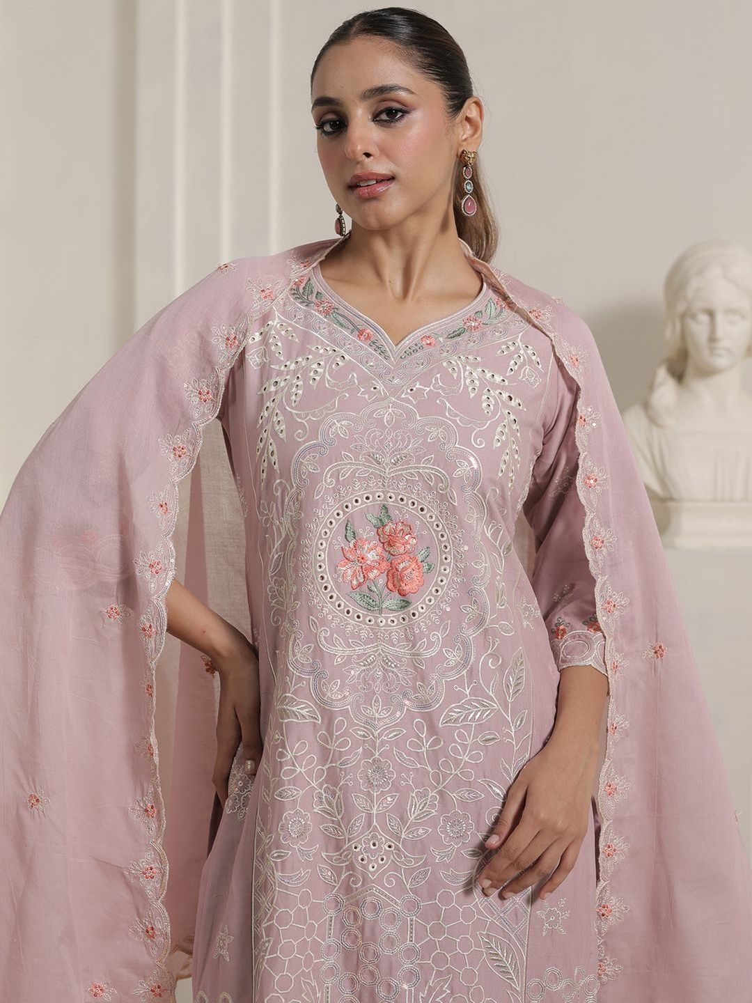 Women Floral Embroidered Cotton Kurta with Trousers & Dupatta