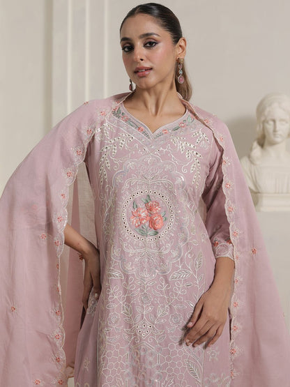 Women Floral Embroidered Cotton Kurta with Trousers & Dupatta