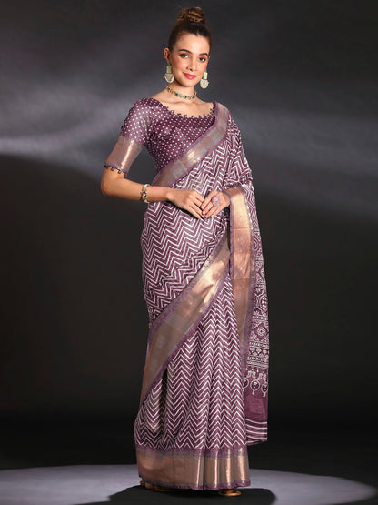 Women's Art Silk Mauve Printed Designer Saree With Blouse Piece