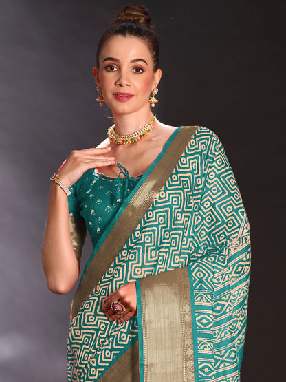 Women's Art Silk Light Blue Printed Designer Saree With Blouse Piece