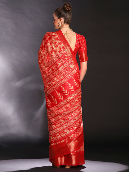 Women's Art Silk Red Printed Designer Saree With Blouse Piece