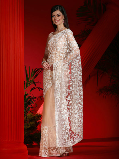 Women's Net Peach Embellished Designer Saree With Blouse Piece