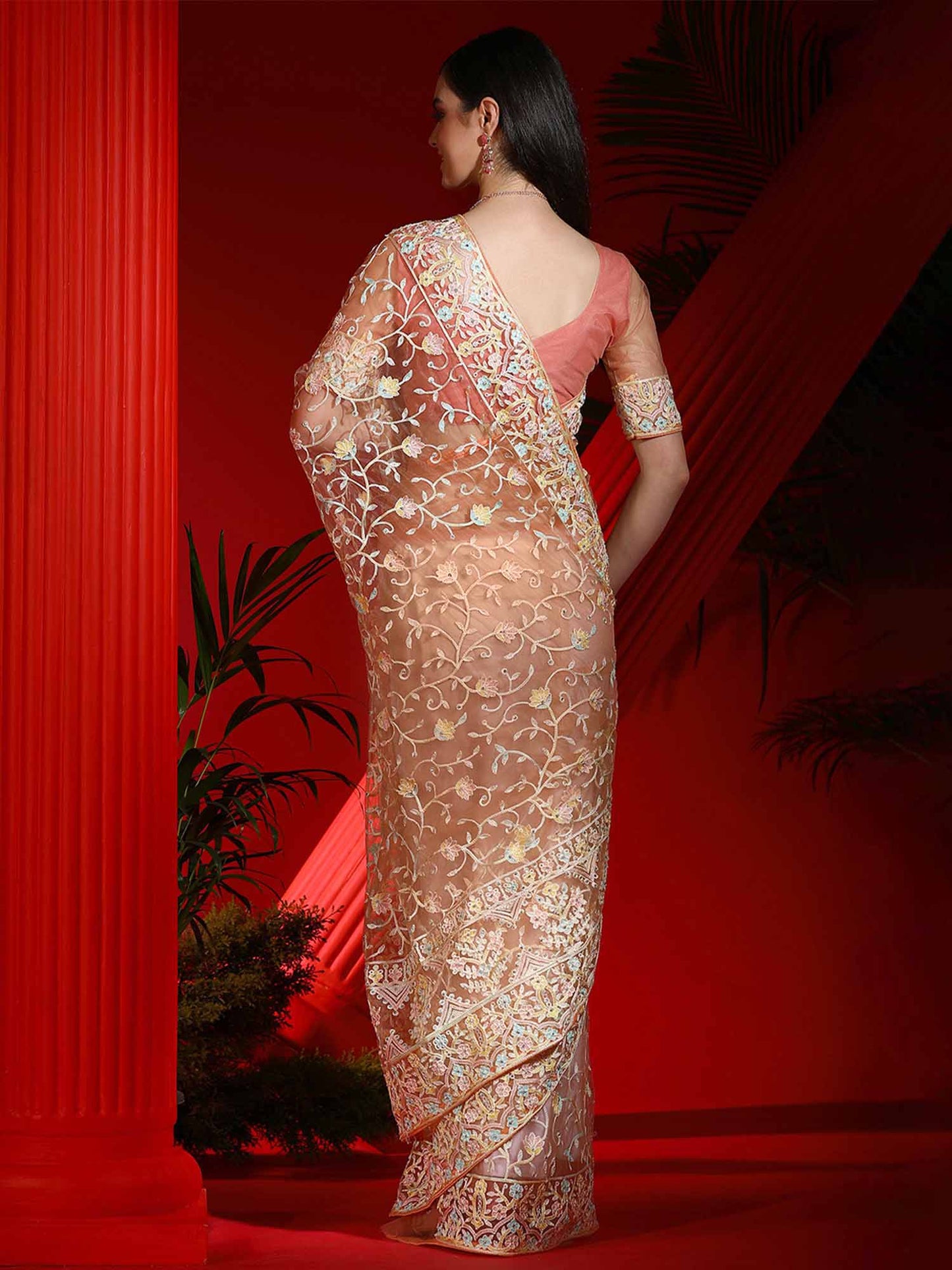 Women's Net Peach Embellished Designer Saree With Blouse Piece