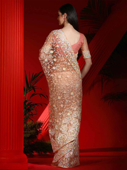 Women's Net Peach Embellished Designer Saree With Blouse Piece