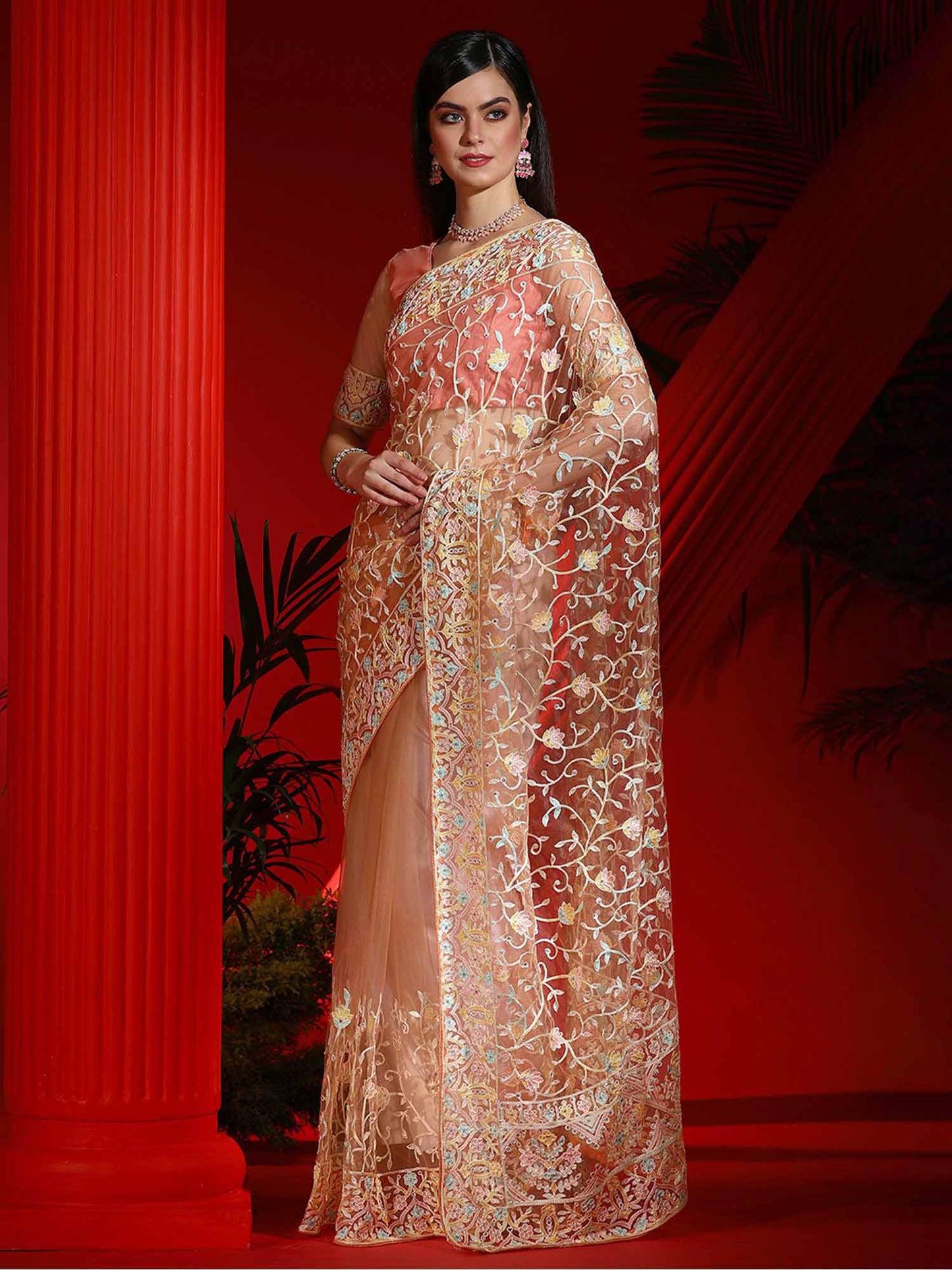 Women's Net Peach Embellished Designer Saree With Blouse Piece