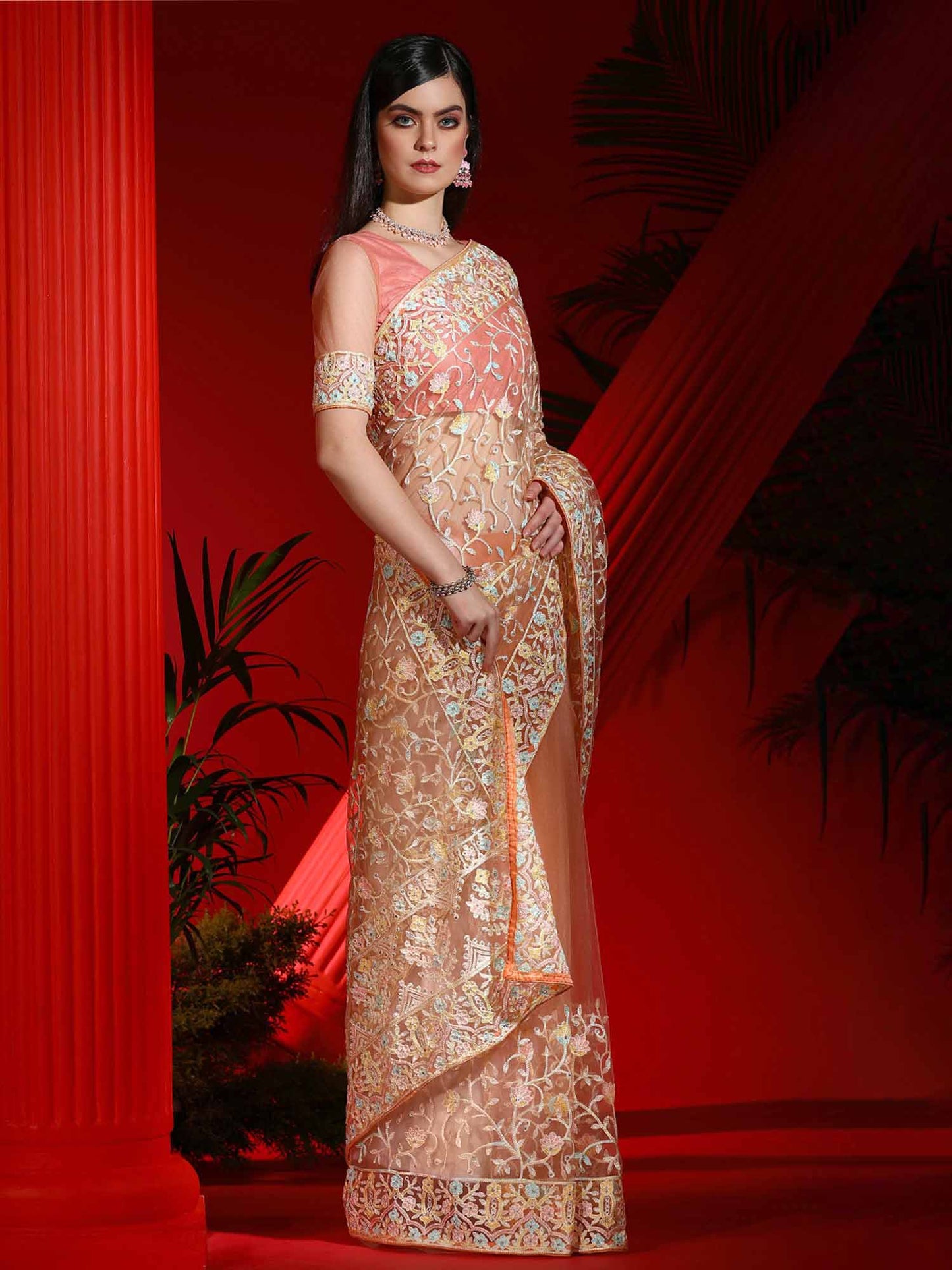 Women's Net Peach Embellished Designer Saree With Blouse Piece