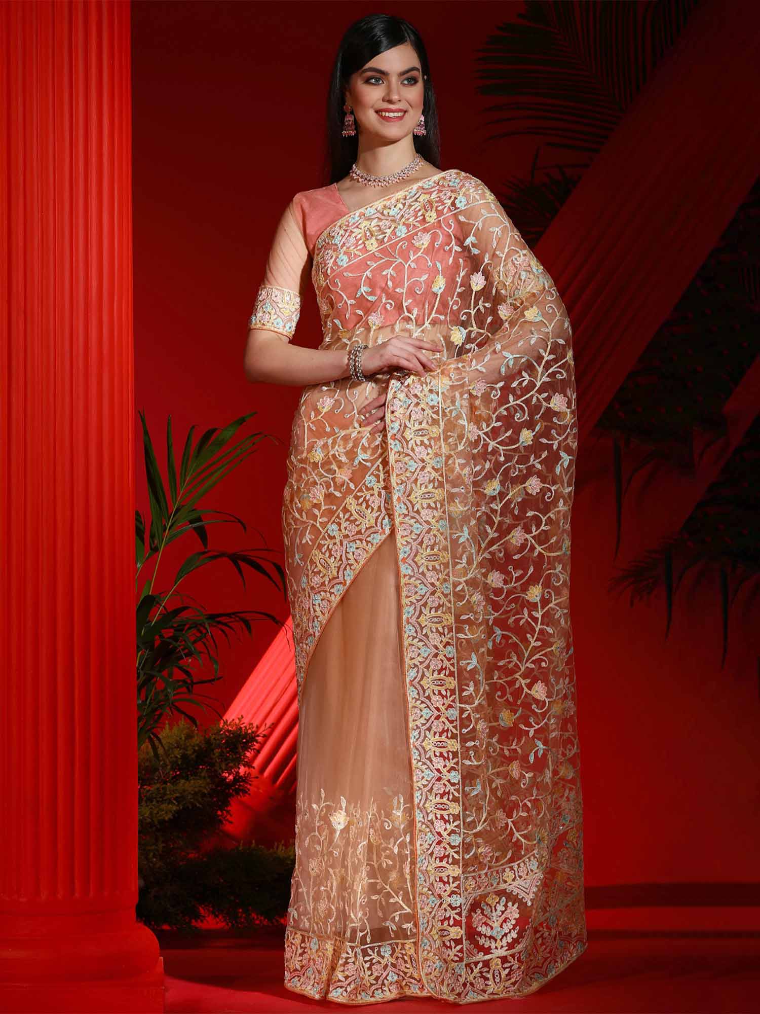 Women's Net Peach Embellished Designer Saree With Blouse Piece