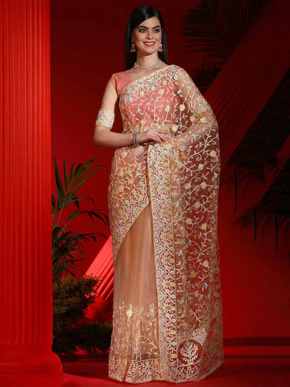 Women's Net Peach Embellished Designer Saree With Blouse Piece